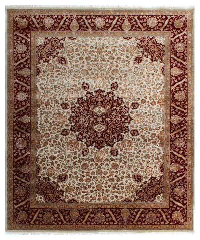 Black, Ivory & Crimson Red Royal Vintage Hand-Knotted New Zealand Wool & Silk Rug | 8x10⁠