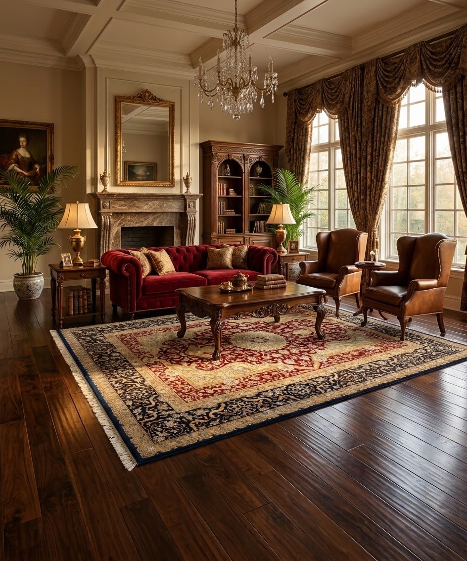 9x12 Royal Vintage Red Navy & Gold New Zealand Wool & Silk Hand-Knotted Area Rug (14/14 Quality)