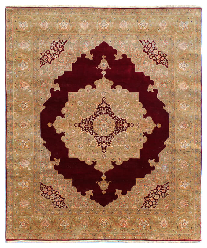 Royal Vintage Persian Medallion New Zealand Wool & Silk Area Rug | Maroon, Gold & Sage Green | 8x10, 9x12