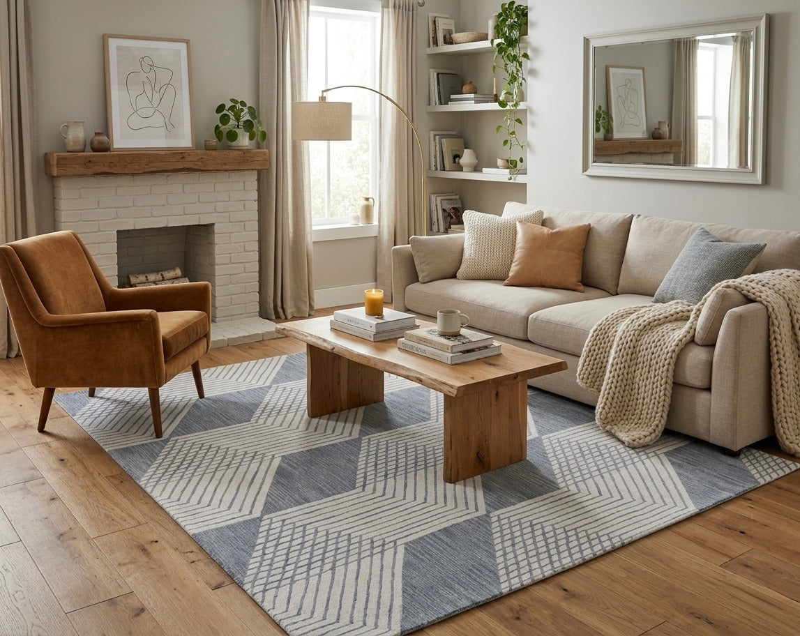 Modern Geometric Hand-Tufted Area Rug – Blue & Ivory Wool Blend Rug for Living Room