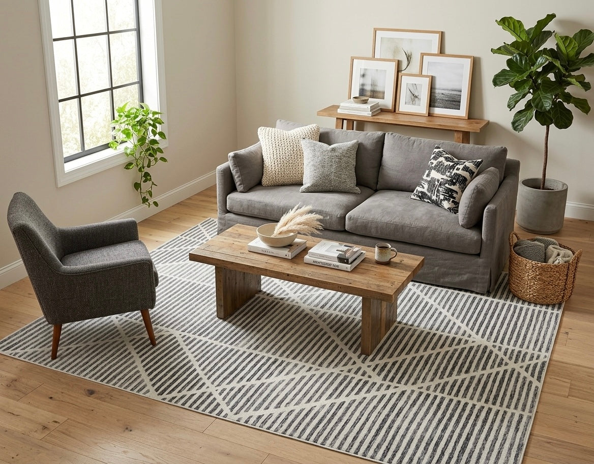 Modern Geometric Hand-Tufted Wool Rug | Abstract Striped Area Rug for Living Room & Bedroom
