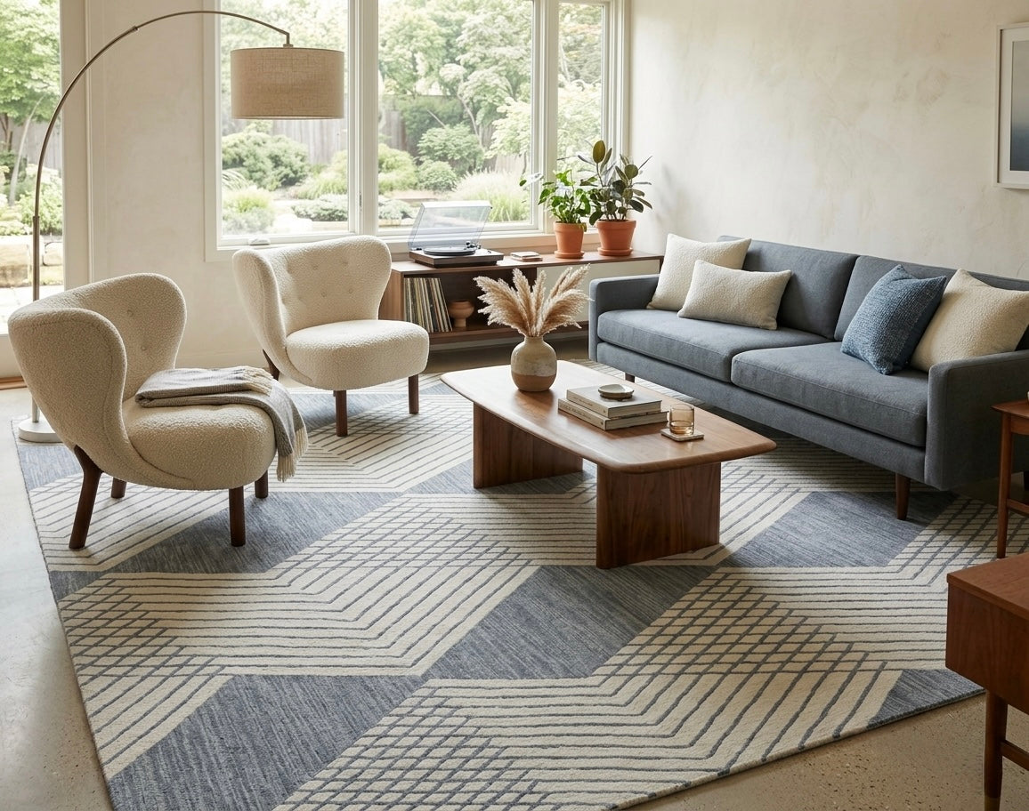 Modern Geometric Hand-Tufted Area Rug – Blue & Ivory Wool Blend Rug for Living Room