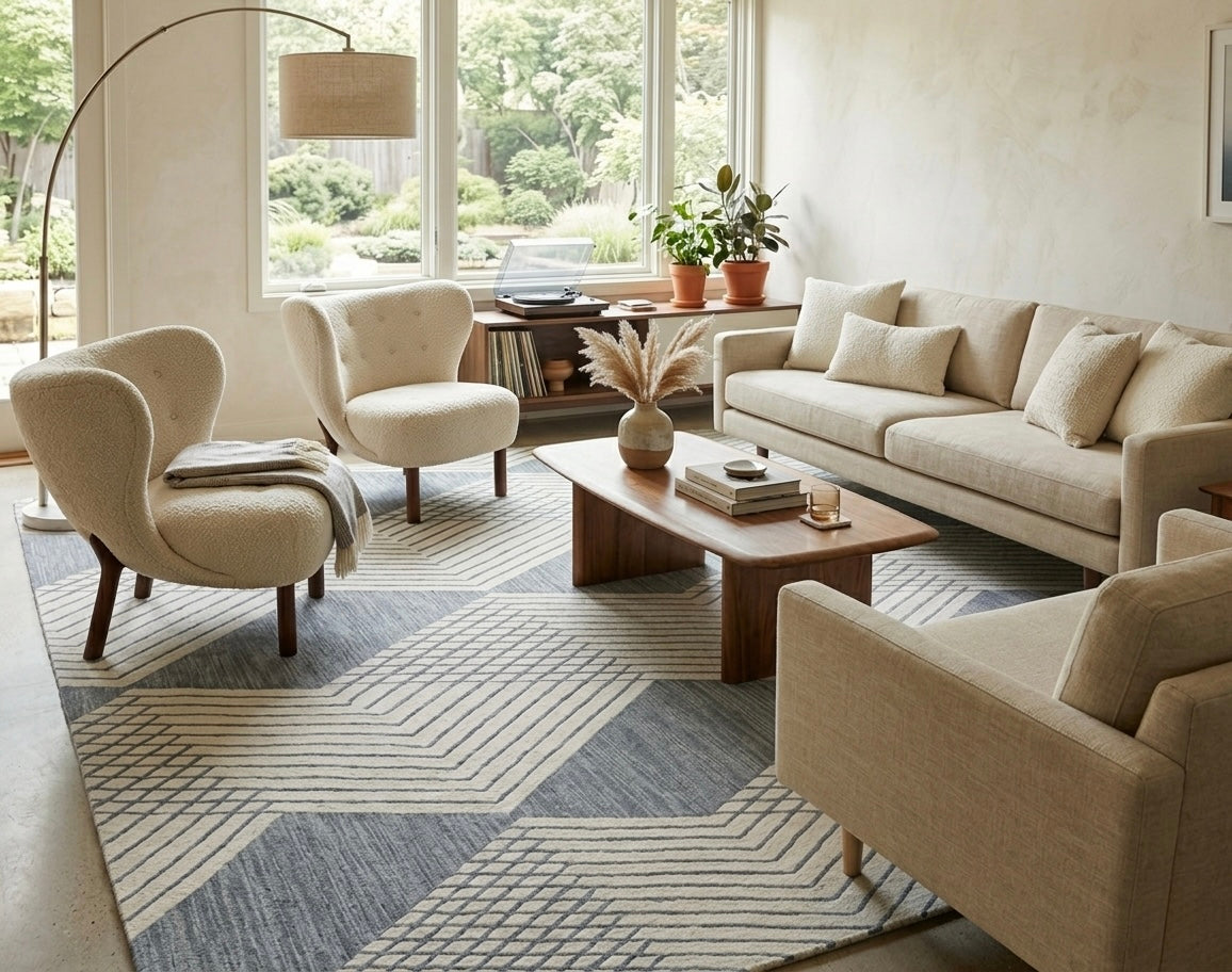 Modern Geometric Hand-Tufted Area Rug – Blue & Ivory Wool Blend Rug for Living Room