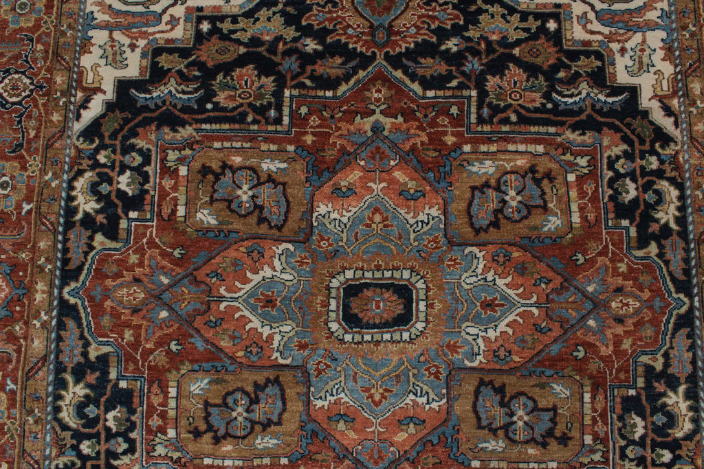 Antique Inspired Heriz Serapi Wool Rug - Hand Knotted Terracotta & Navy Area Rug