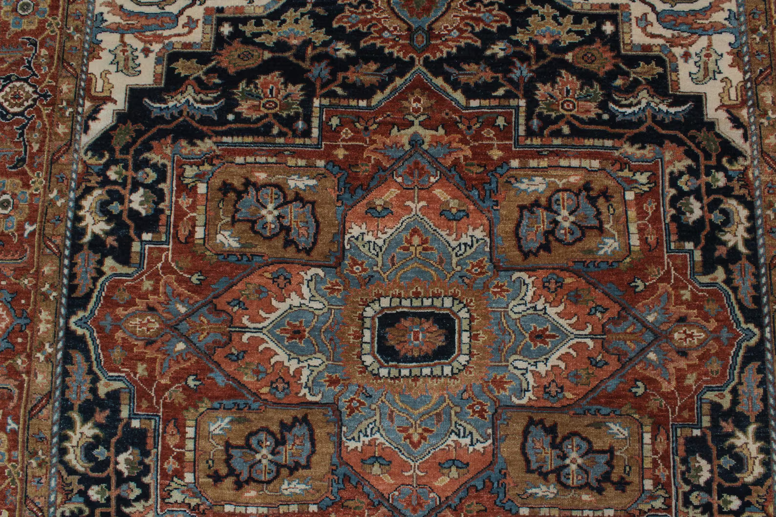 Antique Inspired Heriz Serapi Wool Rug - Hand Knotted Terracotta & Navy Area Rug
