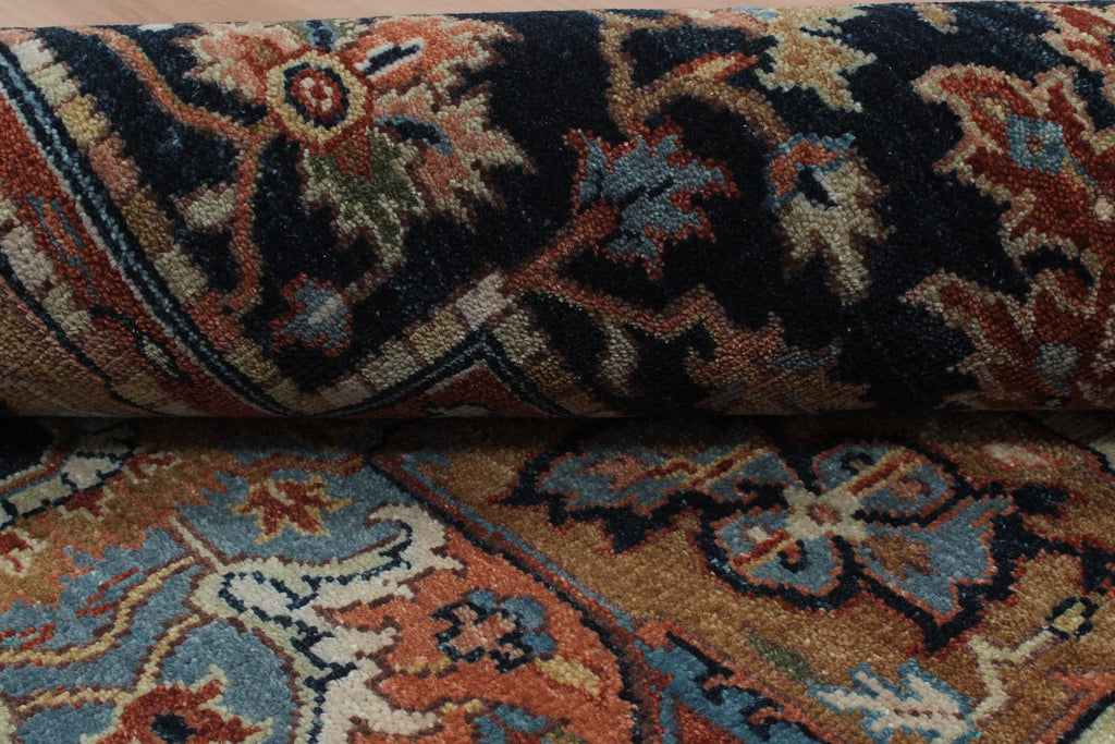 Antique Inspired Heriz Serapi Wool Rug - Hand Knotted Terracotta & Navy Area Rug