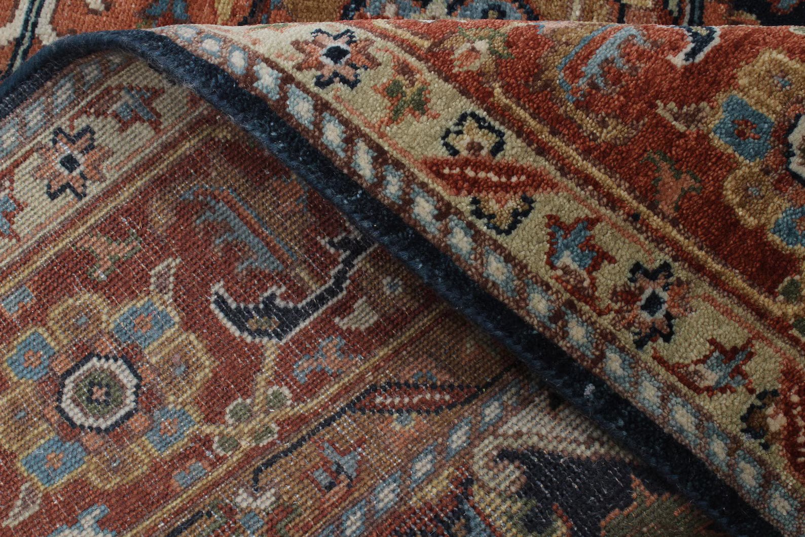 Antique Inspired Heriz Serapi Wool Rug - Hand Knotted Terracotta & Navy Area Rug