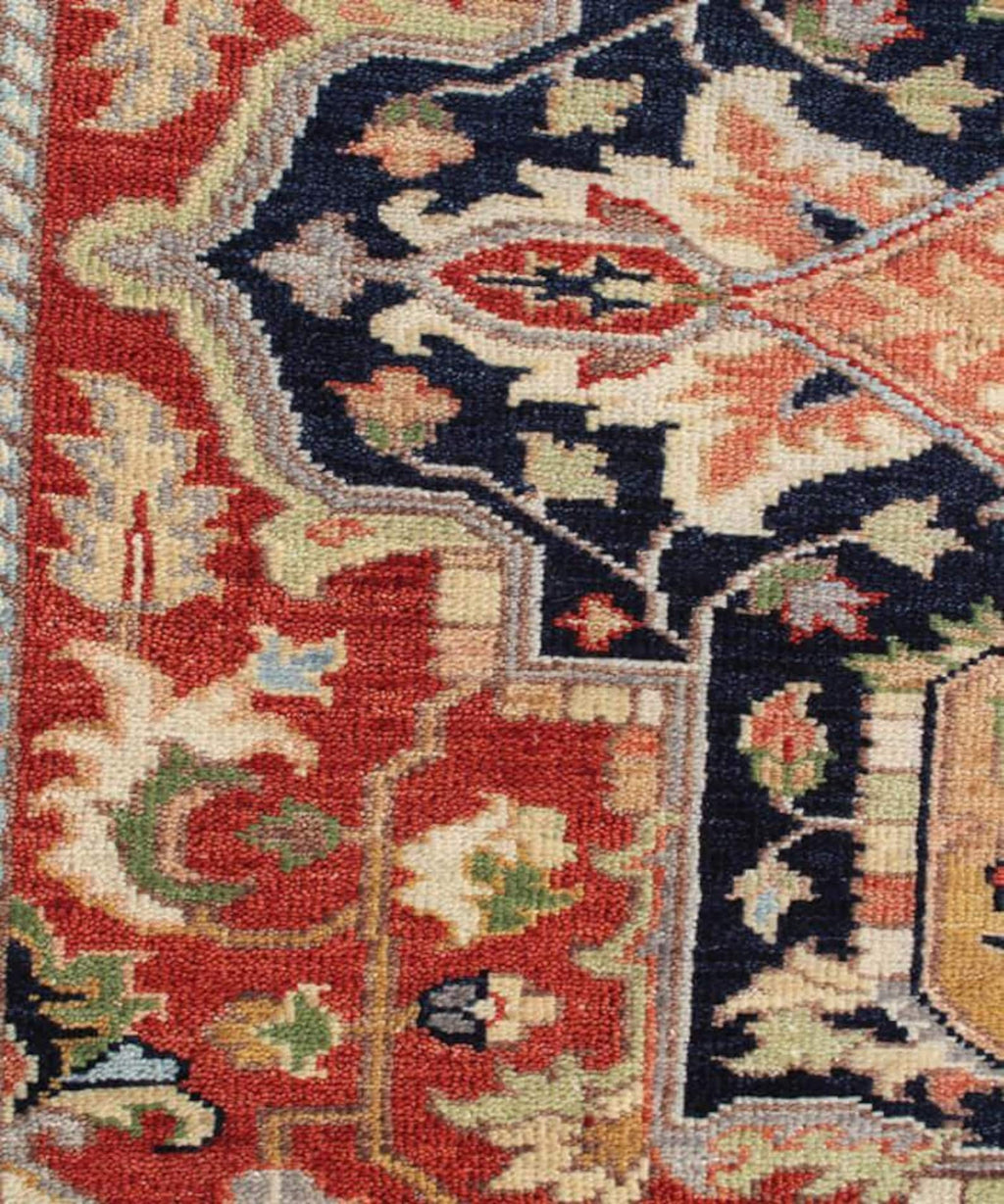 Hand Knotted Wool Heriz Serapi Rug - Red Navy Blue Traditional Persian Area Rug