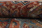 Antique Inspired Heriz Serapi Wool Rug - Hand Knotted Terracotta & Navy Area Rug