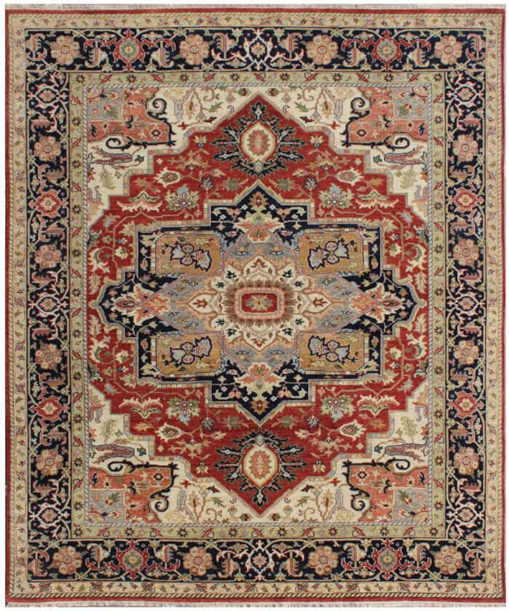 Hand Knotted Wool Heriz Serapi Rug - Red Navy Blue Traditional Persian Area Rug