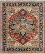 Hand Knotted Wool Heriz Serapi Rug - Red Navy Blue Traditional Persian Area Rug