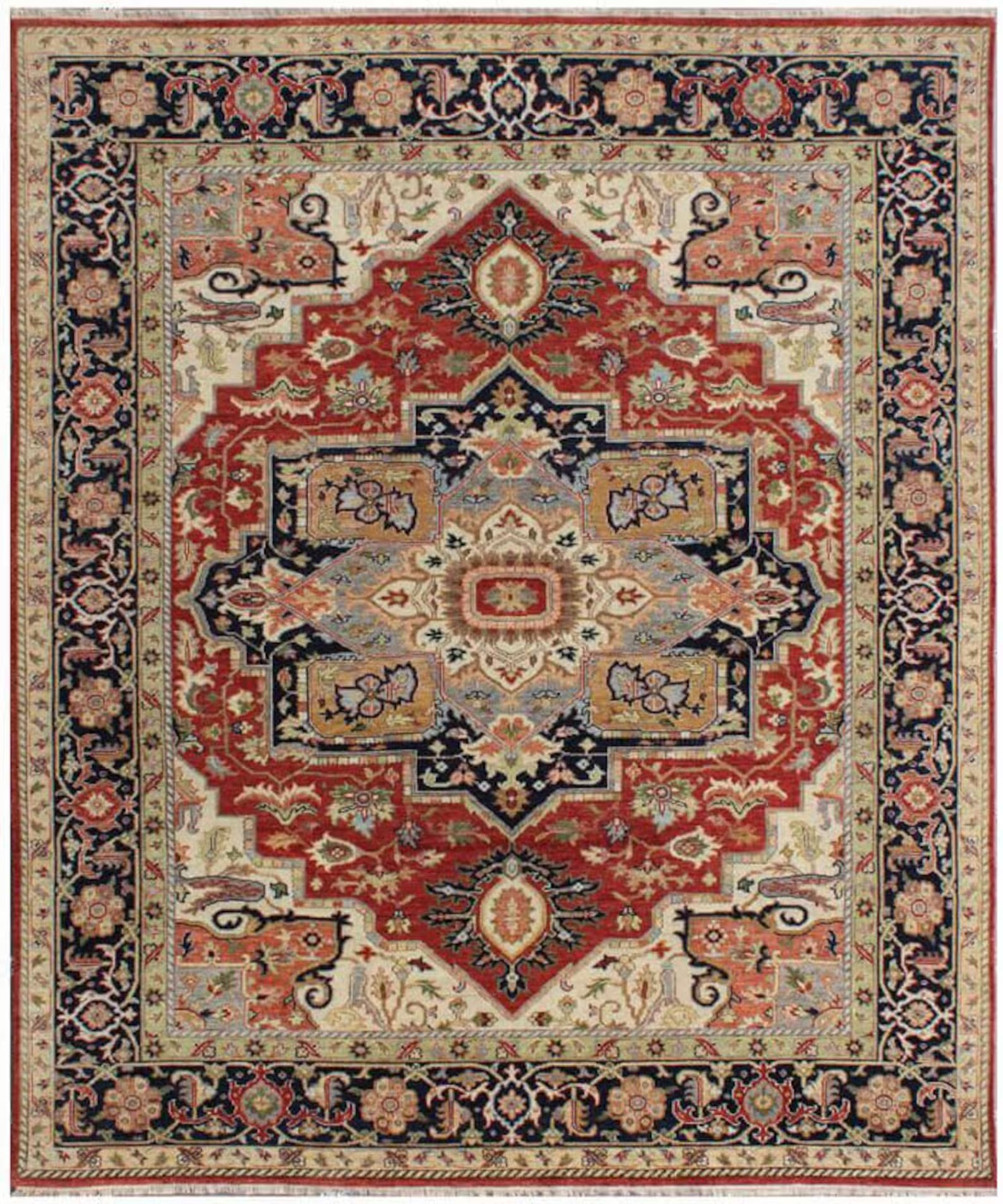 Hand Knotted Wool Heriz Serapi Rug - Red Navy Blue Traditional Persian Area Rug