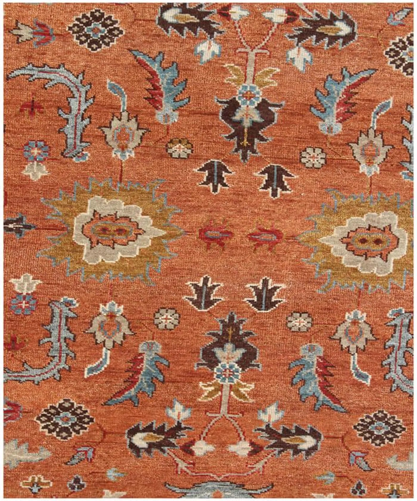 Hand-Knotted Terracotta & Sky Blue Oushak Style Wool Rug