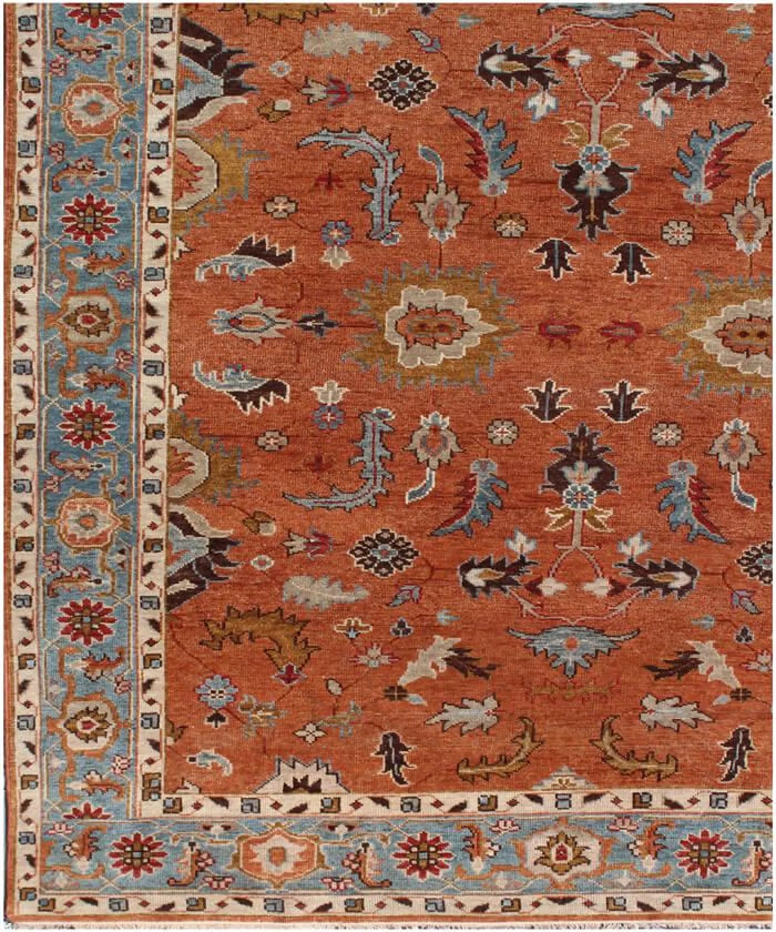 Hand-Knotted Terracotta & Sky Blue Oushak Style Wool Rug