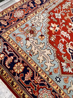 Hand-Knotted Red & Blue Area Rug Traditional Anatolian Design 8x10 Wool Living Room Rug