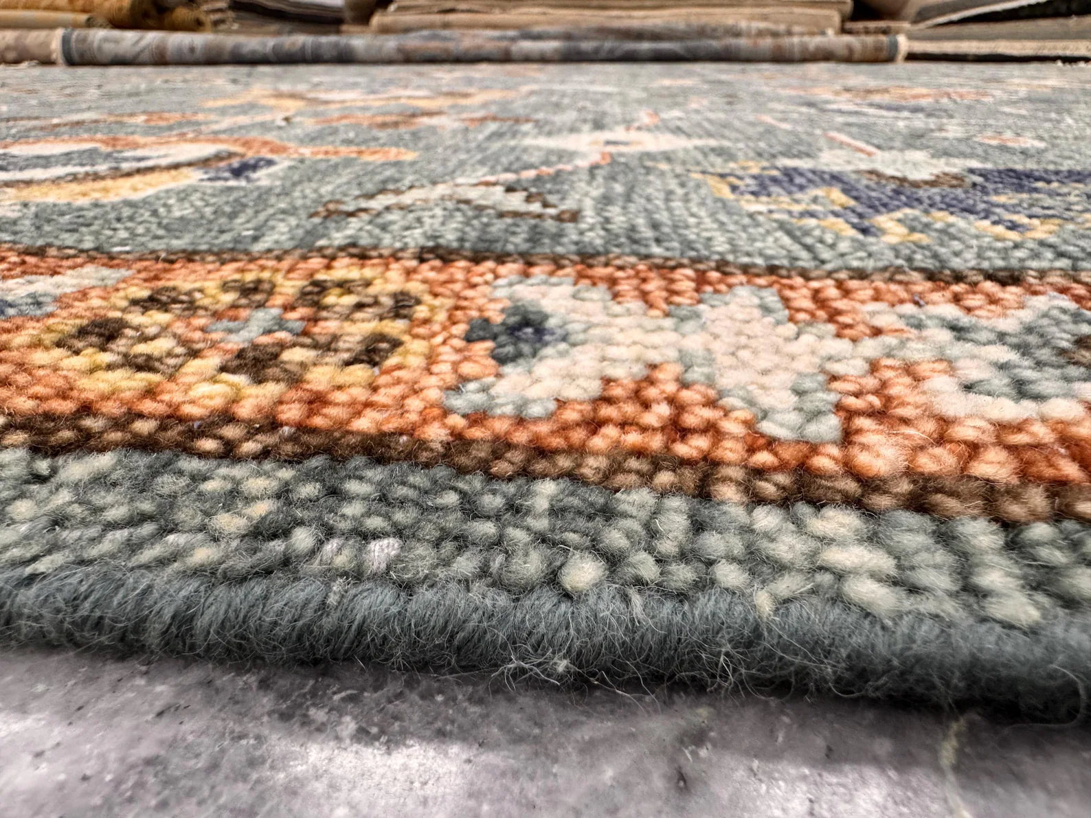 8x10 Ft Hand-Knotted Oushak Wool Rug - Slate Blue & Terracotta Vintage Boho Decor