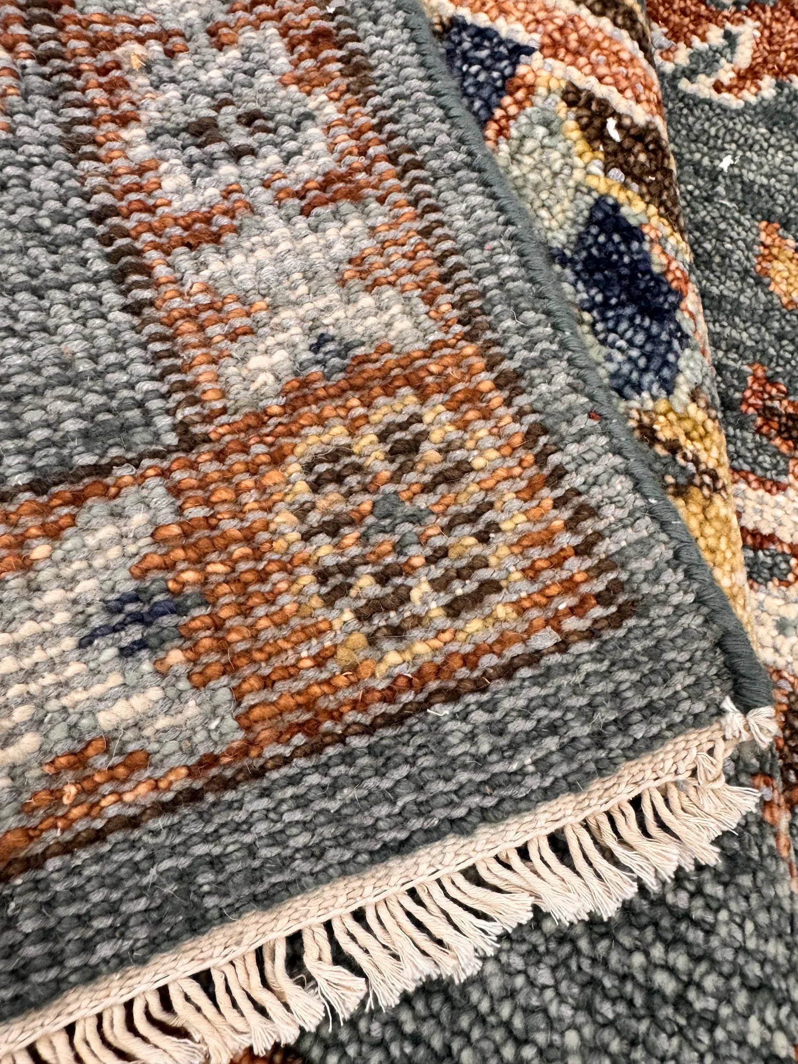 8x10 Ft Hand-Knotted Oushak Wool Rug - Slate Blue & Terracotta Vintage Boho Decor