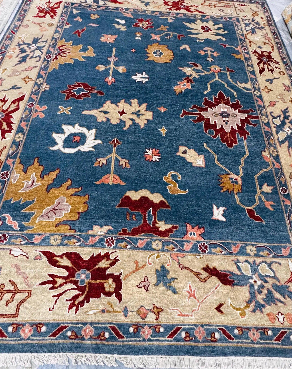 Hand-Knotted Blue Oushak Wool Rug | 8x10 Authentic Turkish Style