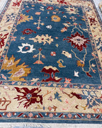 Hand-Knotted Blue Oushak Wool Rug | 8x10 Authentic Turkish Style