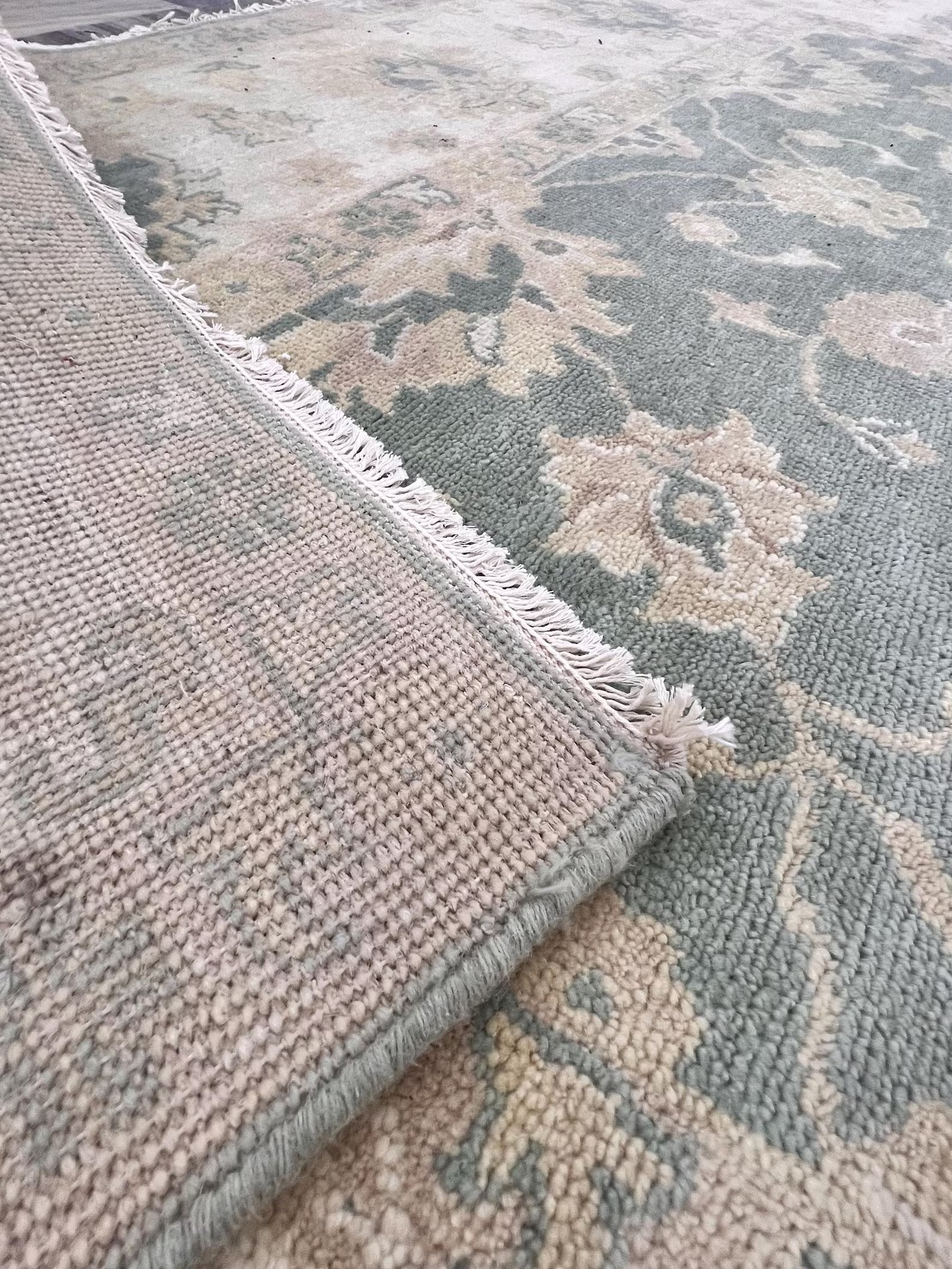8x10 ft Hand-Knotted Oushak Style Sage Green & Cream Wool Rug