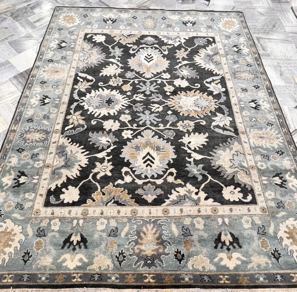Hand-Knotted Charcoal & Slate Blue Oushak Wool Rug (8x10)
