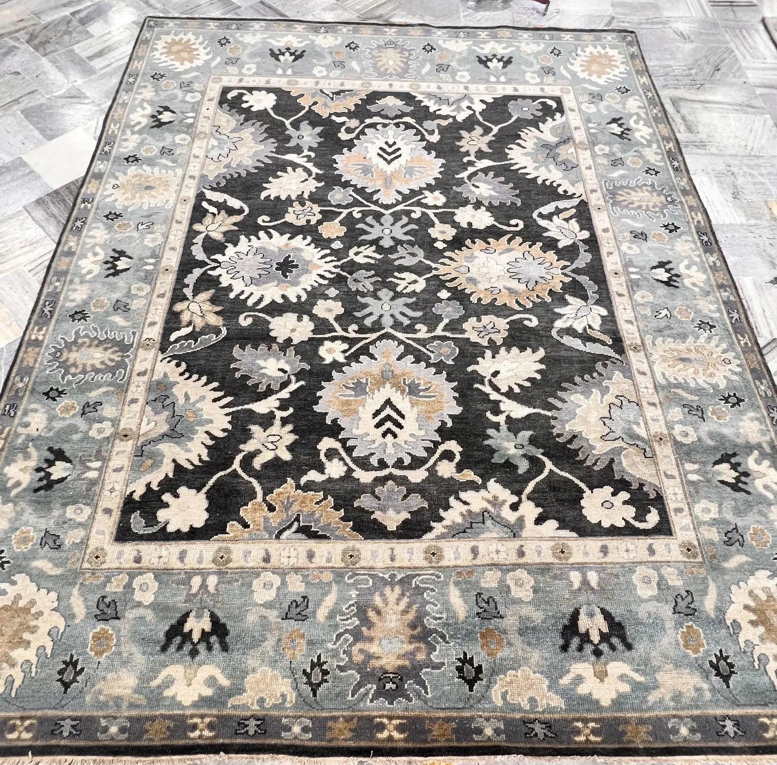 Hand-Knotted Charcoal & Slate Blue Oushak Wool Rug (8x10)