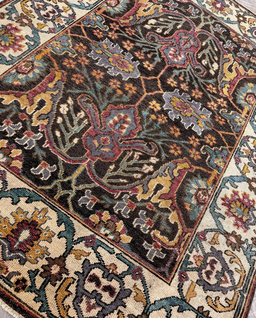8x10 Hand-Knotted Wool Rug: Modern Traditional Medallion in Charcoal & Plum