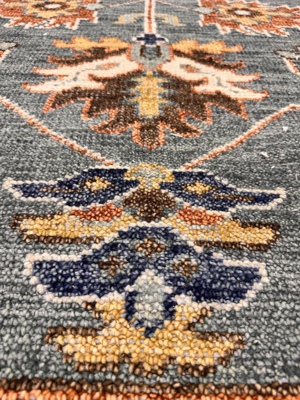 8x10 Ft Hand-Knotted Oushak Wool Rug - Slate Blue & Terracotta Vintage Boho Decor