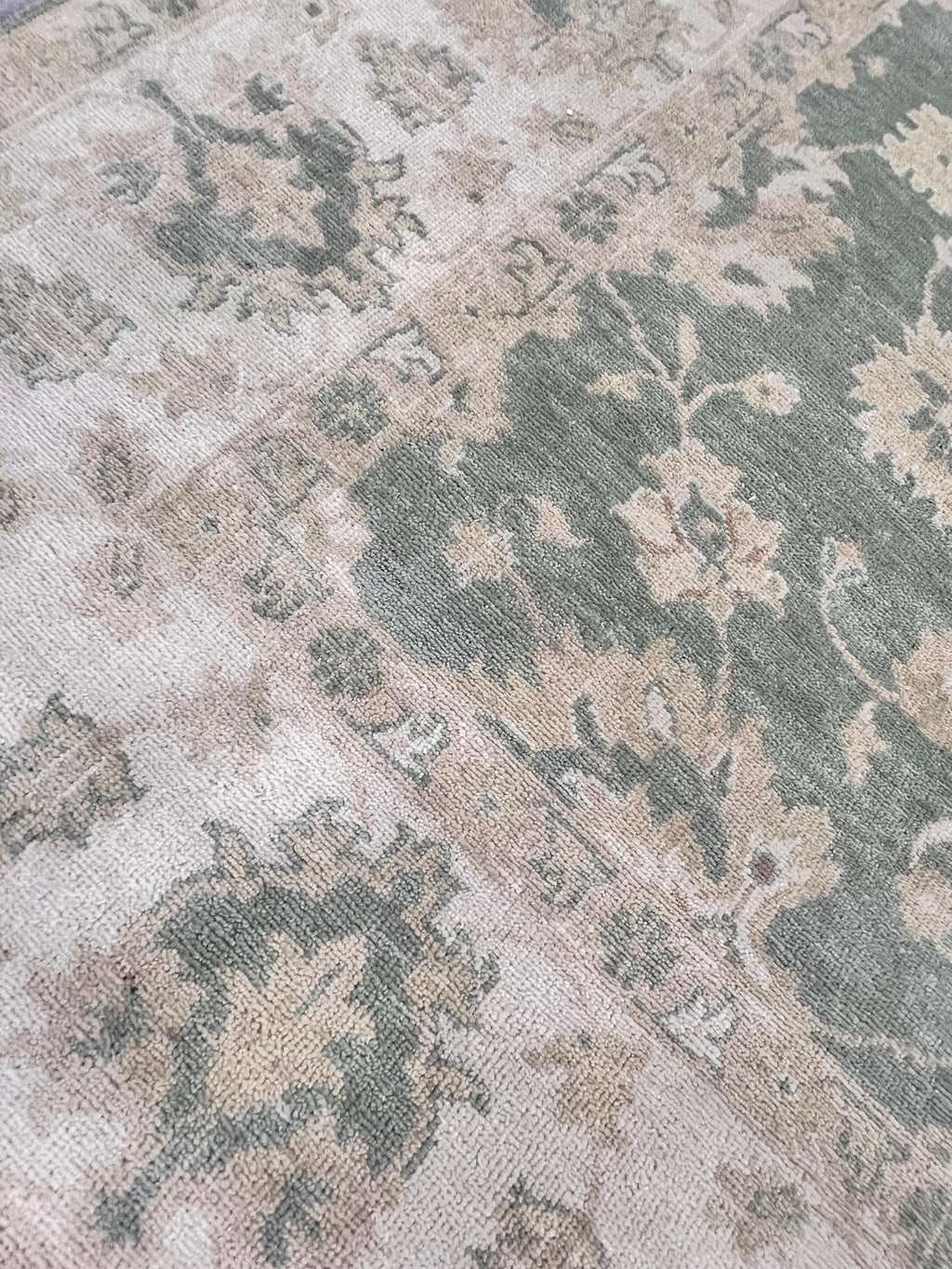 8x10 ft Hand-Knotted Oushak Style Sage Green & Cream Wool Rug