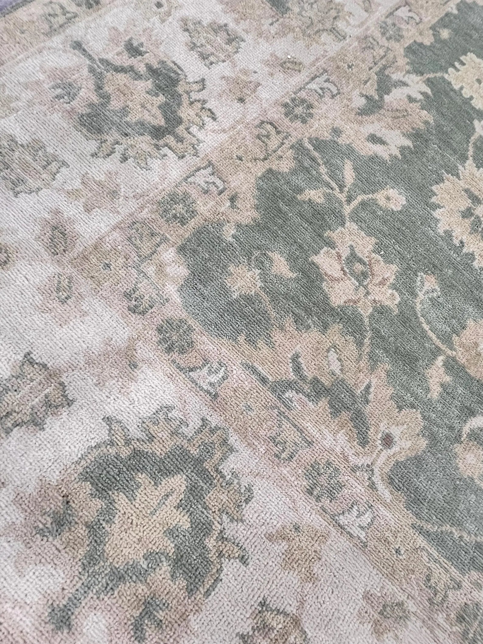 8x10 ft Hand-Knotted Oushak Style Sage Green & Cream Wool Rug