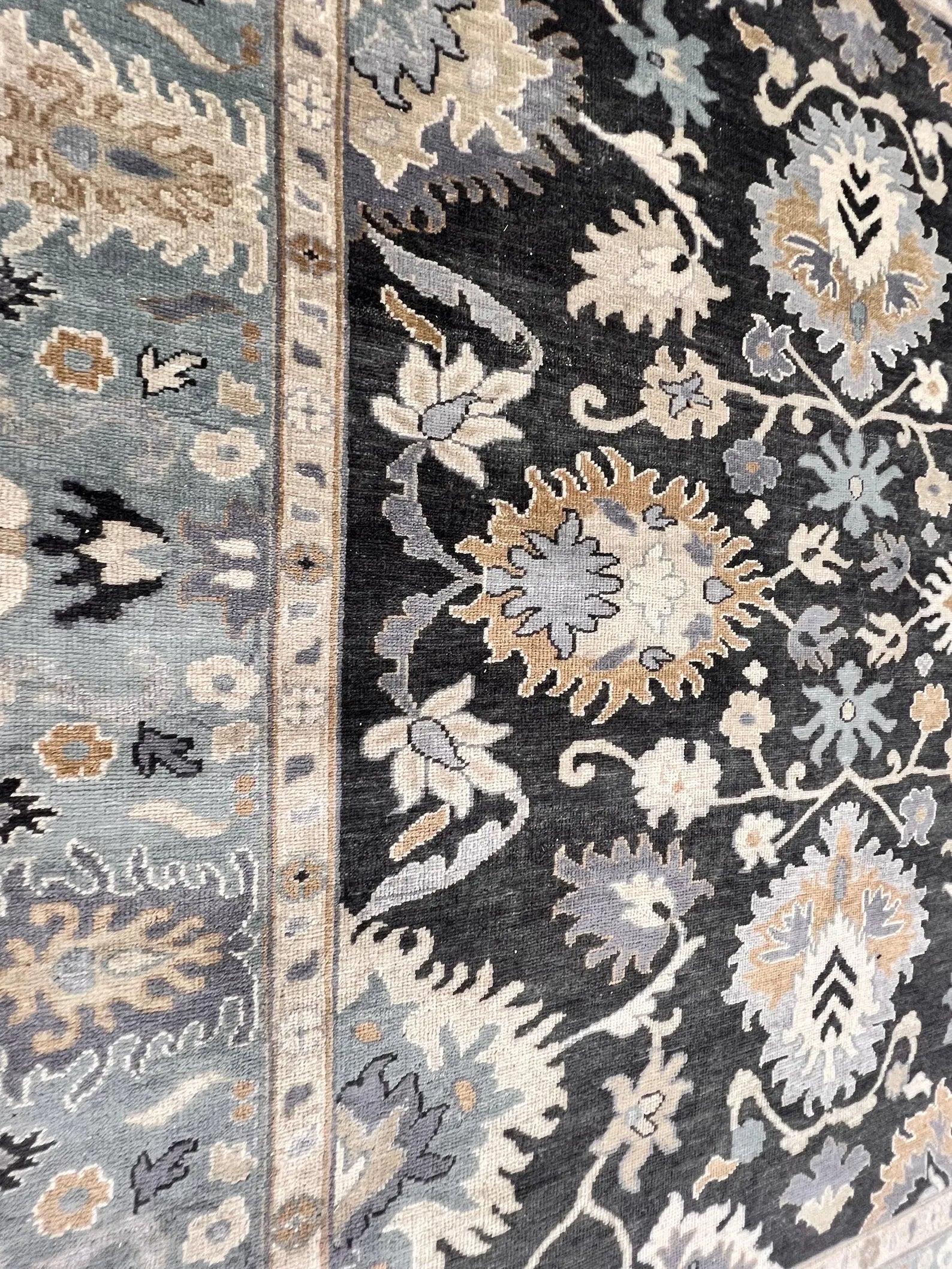 Hand-Knotted Charcoal & Slate Blue Oushak Wool Rug (8x10)