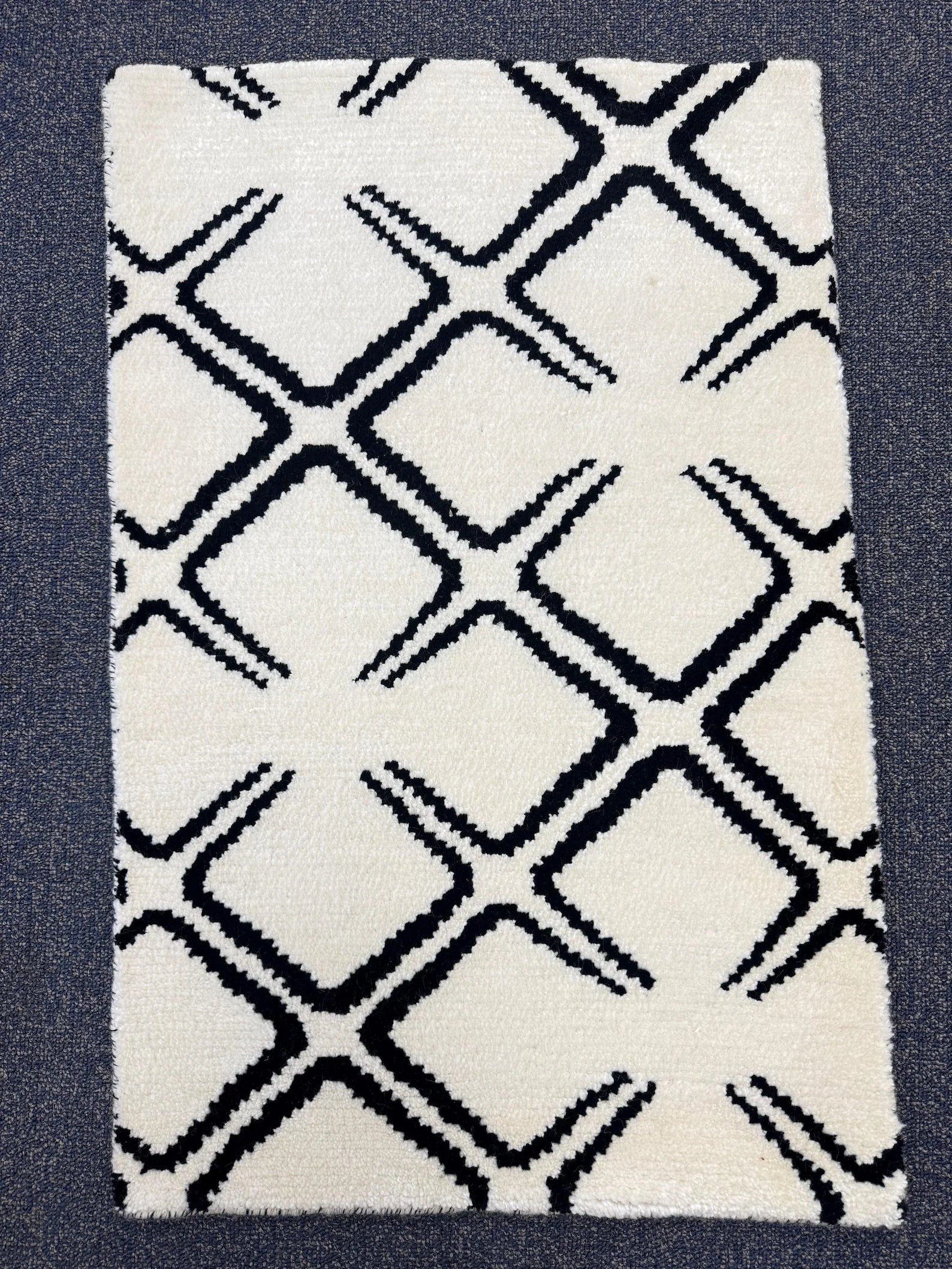 Beautiful Modern Ivory & Black Hand-Knotted Rug (2x3 ft) Plush Minimalist rug for entry way, underchair, accent luxury rug