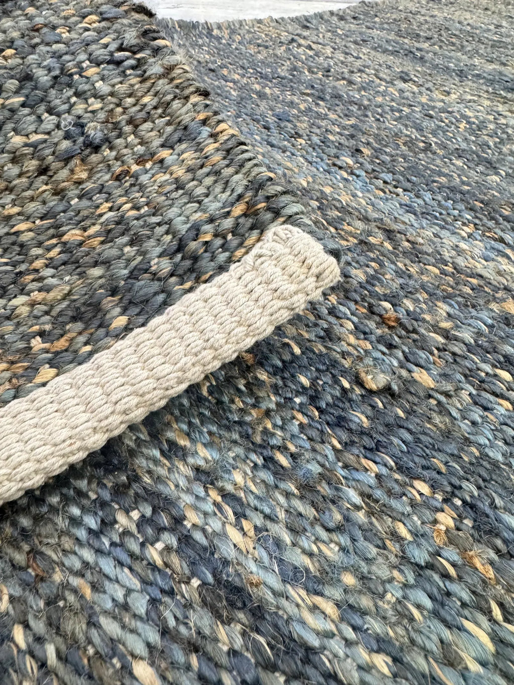 Handwoven Jute Rug 5.6x6.2 Blue Gray & Charcoal black Square Natural Fiber Rug