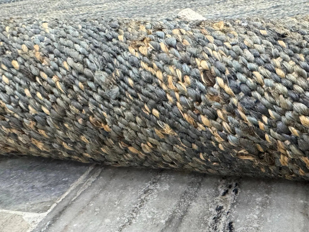 Handwoven Jute Rug 5.6x6.2 Blue Gray & Charcoal black Square Natural Fiber Rug