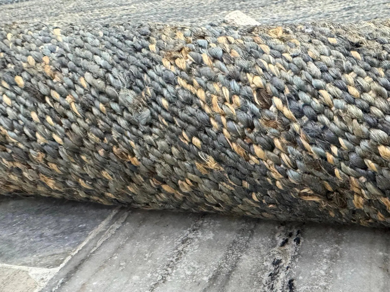 Handwoven Jute Rug 5.6x6.2 Blue Gray & Charcoal black Square Natural Fiber Rug