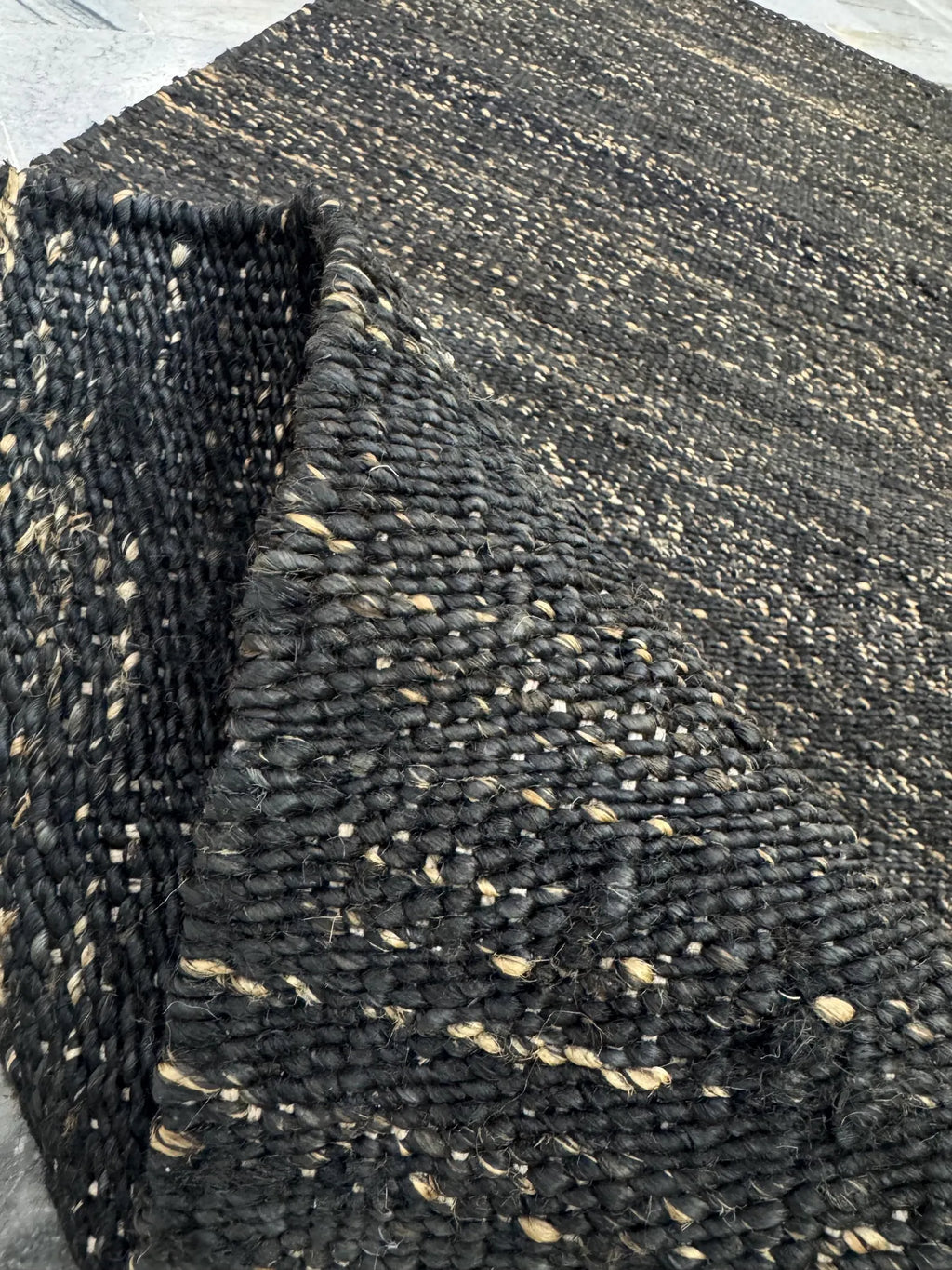 Handwoven Jute Rug 5.6x6.2 Blue Gray & Charcoal black Square Natural Fiber Rug
