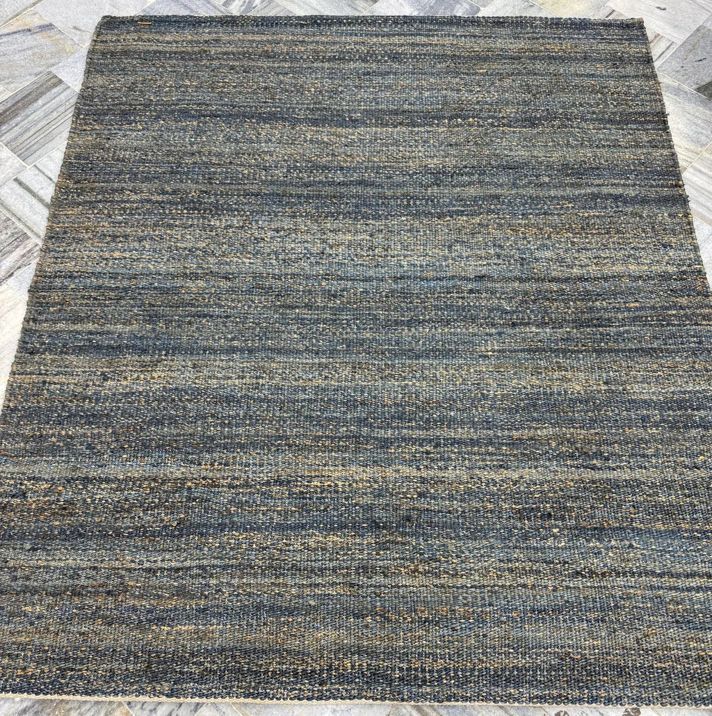 Handwoven Jute Rug 5.6x6.2 Blue Gray & Charcoal black Square Natural Fiber Rug
