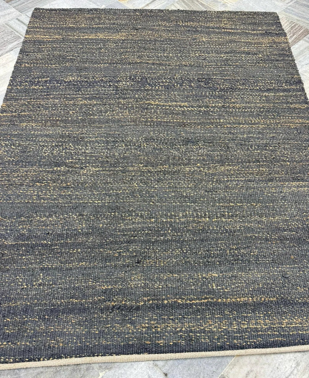 Handwoven Jute Rug 5.6x6.2 Blue Gray & Charcoal black Square Natural Fiber Rug