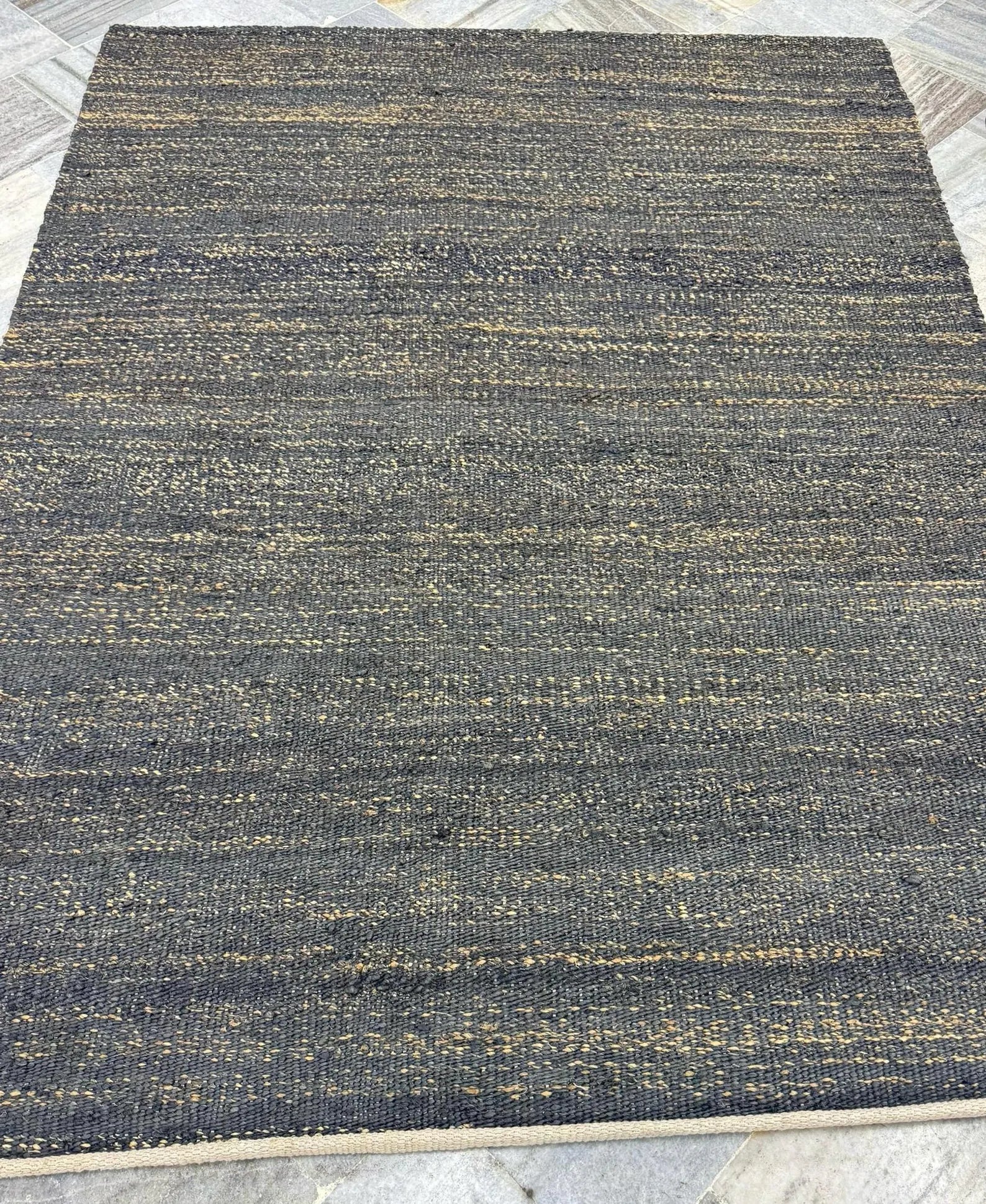Handwoven Jute Rug 5.6x6.2 Blue Gray & Charcoal black Square Natural Fiber Rug
