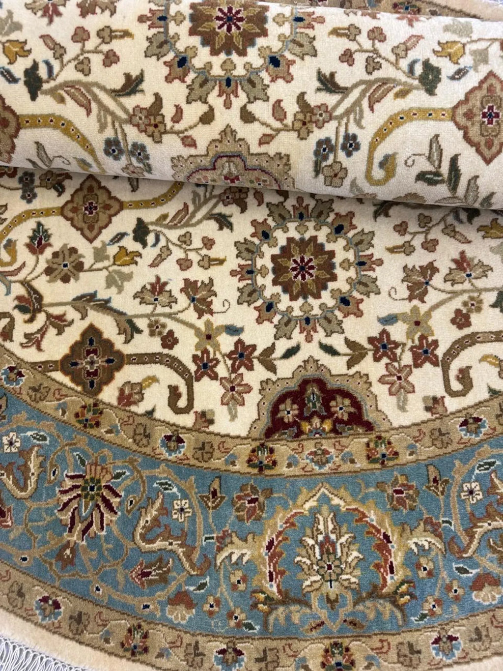 6 ft Round Vintage Floral Medallion Rug in Sage & Ochre- Floral Rug with Fringes