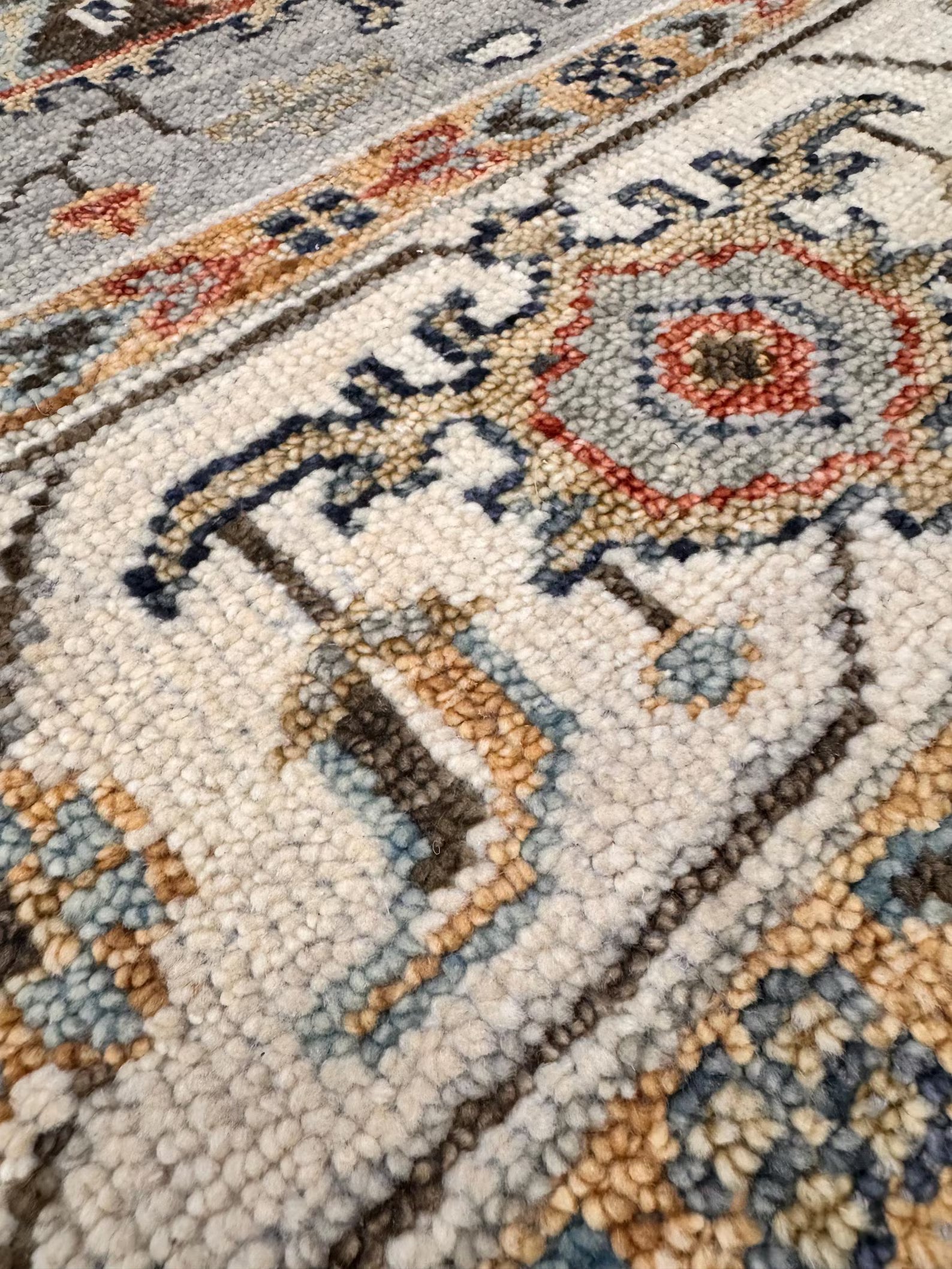 8x10 Hand-Knotted Mid-Century Modern Area Rug | Earthy Blue, Sage Green & Cream