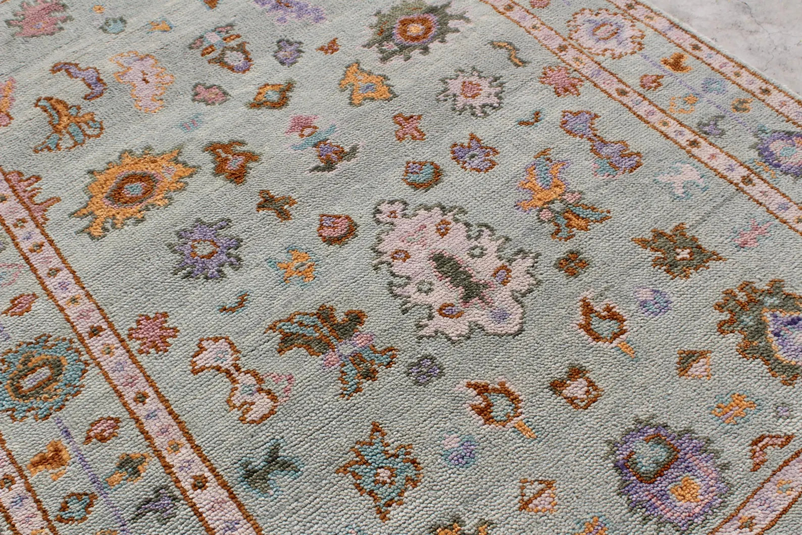 Muted Pastel Sage Green Traditional Turkish Style Rug