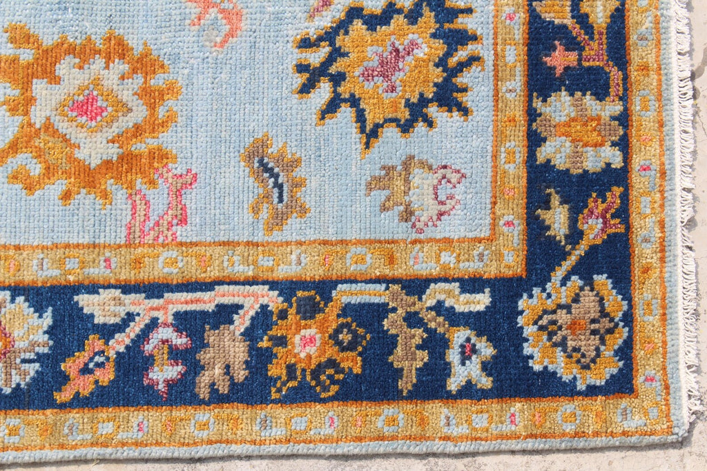 Hand Knotted Oushak Rug Blue & Gold Turkish Wool Area Rug