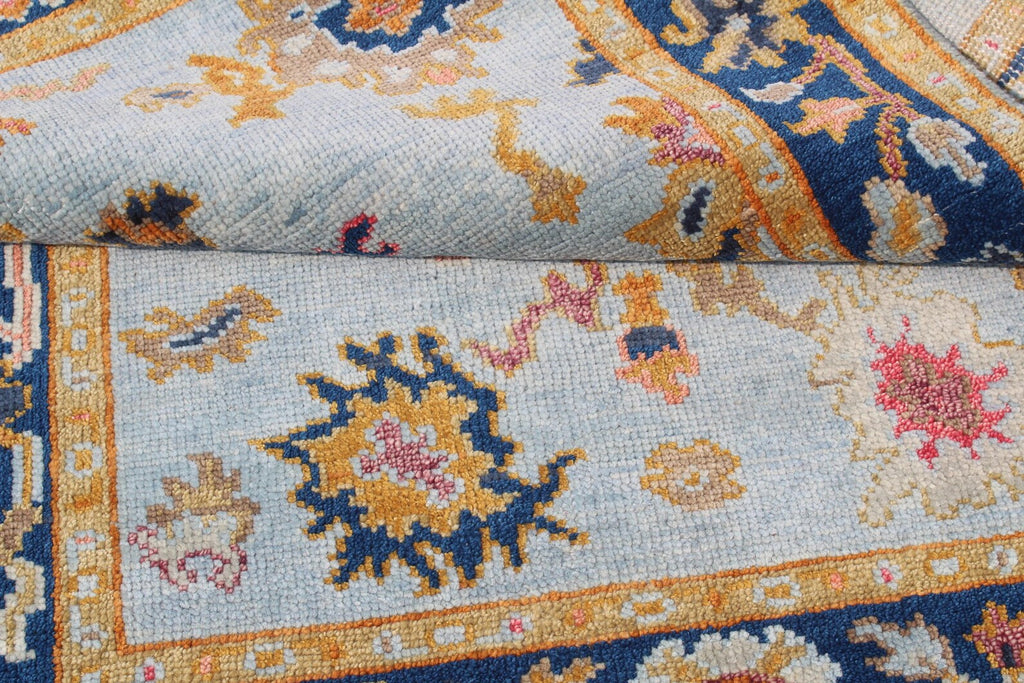 Hand Knotted Oushak Rug Blue & Gold Turkish Wool Area Rug
