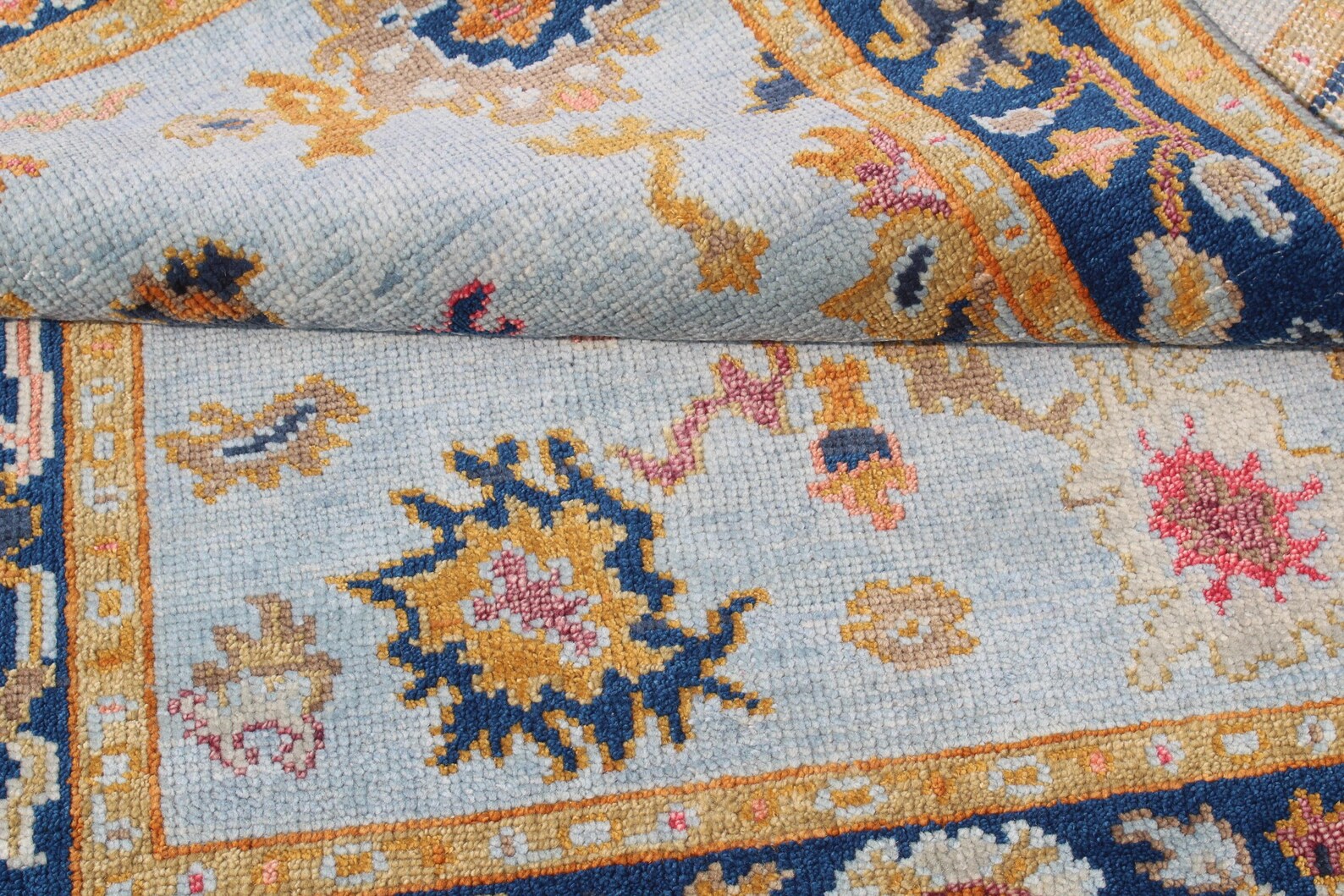 Hand Knotted Oushak Rug Blue & Gold Turkish Wool Area Rug