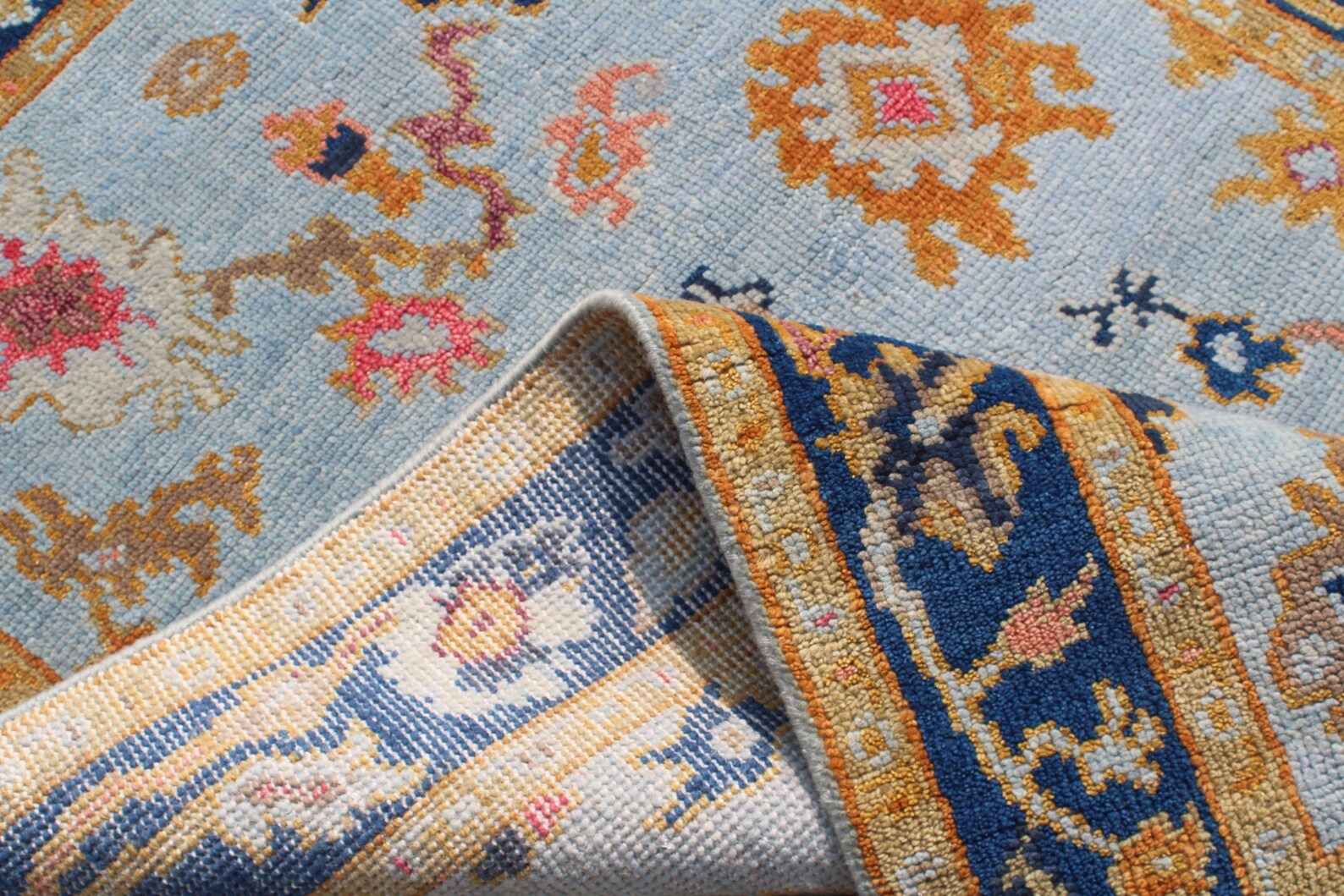 Hand Knotted Oushak Rug Blue & Gold Turkish Wool Area Rug