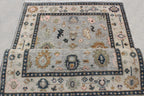 Gray Ivory Hand-Knotted Oushak Wool Rug, Modern Turkish Muted Pastel Area Rug