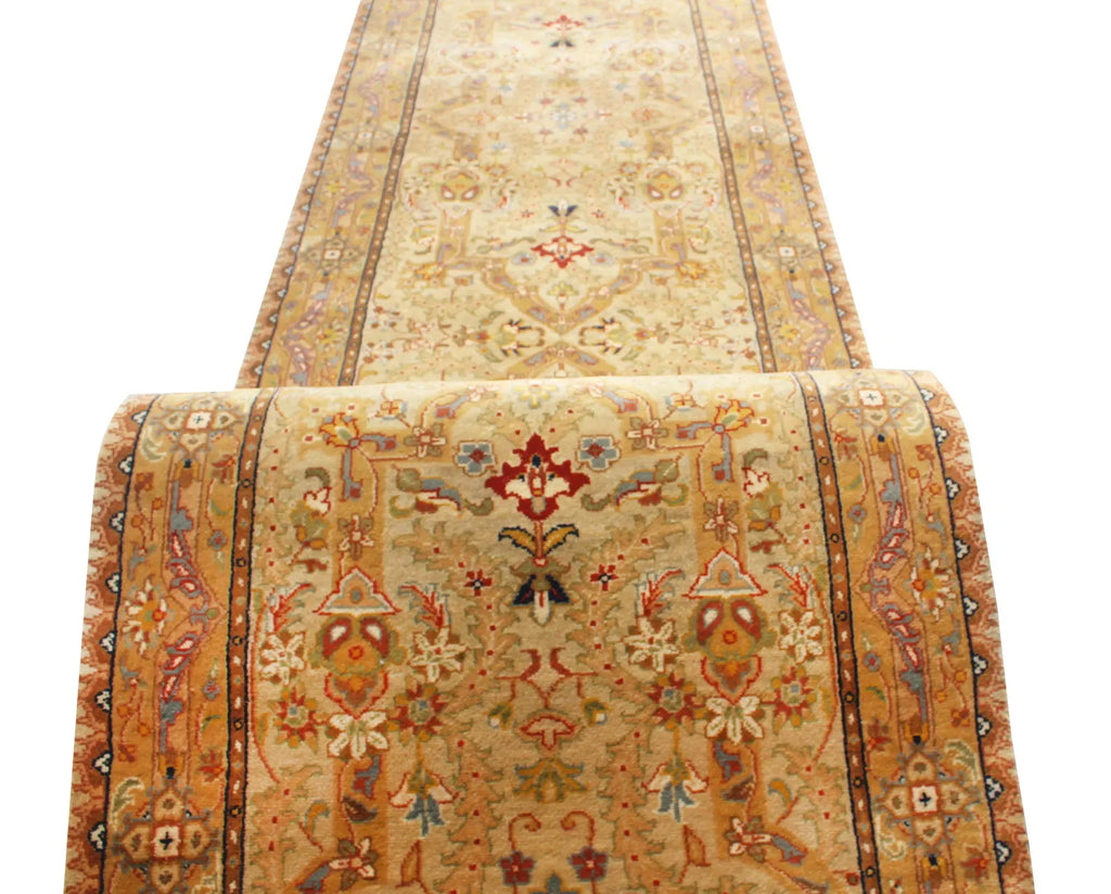 Hand-Knotted 12 ft and 14 ft Gold Gold Oushak Wool Runner Rug – Vintage Style Medallion Runner