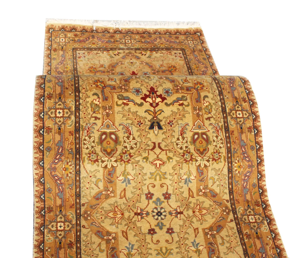 Hand-Knotted 12 ft and 14 ft Gold Gold Oushak Wool Runner Rug – Vintage Style Medallion Runner