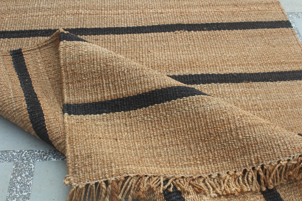 Modern black Striped Jute Rug |6x8 ft Black & Natural Area Mat
